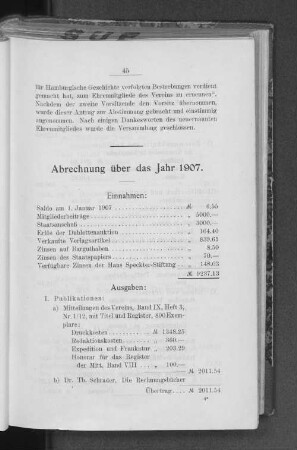 Abrechnung über das Jahr 1907.