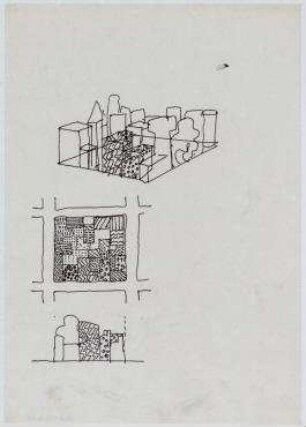 Ideenwettbewerb "Dienstleistungszentrum Langenberg " (nicht realisiert), 1. Preis – Grundriss, Perspektivansicht, Ansicht. Langenberg