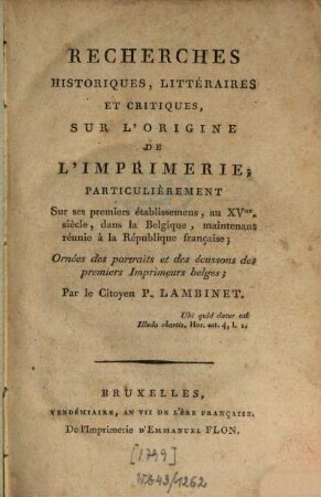 Recherches historiques ... sur l'origine de l'imprimerie