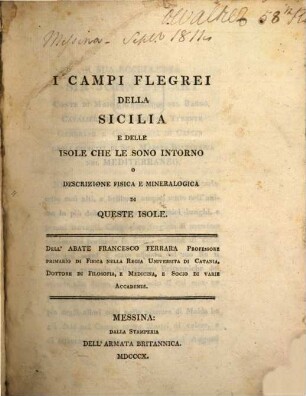 J Campi Flegrei della Sicilia e delle isole che li sono intorno : O descrizione fisica e mineralogica A'queste isole