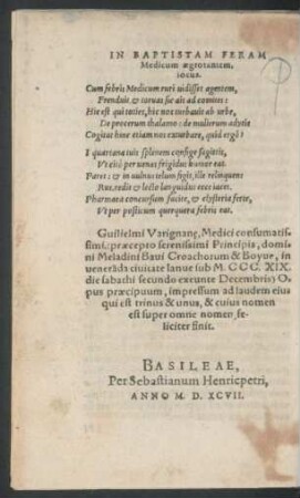 In Baptistam Feram Medicum aegrotantem, iocus.