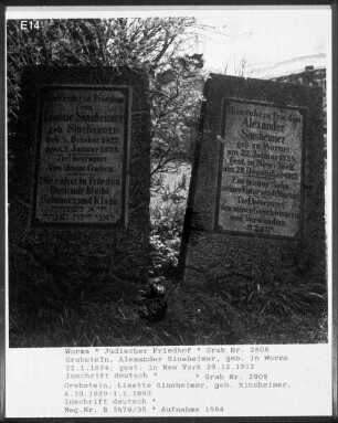Grabstein von Alexander Sinsheimer (gestorben 1912.12.29) und Lisette Sinsheimer (gestorben 1893.01.01)