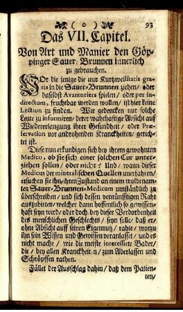Das VII. Capitel. Von Art und Manier den Göppinger Sauer-Brunnen innerlich zu gebrauchen.