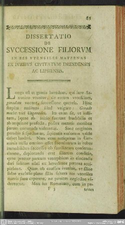 Dissertatio De Successione Filiorum In Res Utensiles Maternas Ex Iuribus Civitatum Dresdensis Ac Lipsiensis