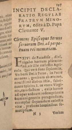 Incipit Declaratio Regvlae Fratrvm Minorvm, edita à D. Papa Clemente V.