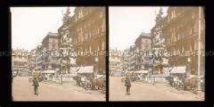 Die Pestsäule am Graben, mit Geschäften und Pferdekutschen