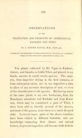 Observations of the vegetation and products of Afghanistan, Kashmir and Tibet