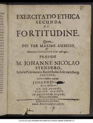 Exercitatio Ethica Secunda De Fortitudine