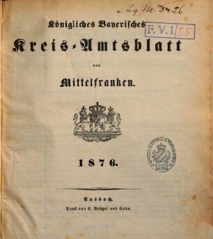 Königlich Bayerisches Kreis-Amtsblatt von Mittelfranken. 1876