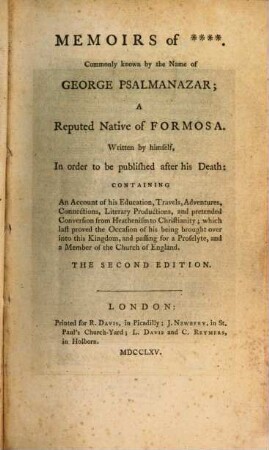 Memoirs of ... commonly known by the Name of George Psalmanazar a reputed Native of Formosa
