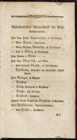 6r-8r, Alphabetisches Verzeichnis der Praenumeranten.