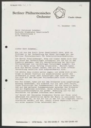 Brief an Christoph Schmökel an Deutsche Grammophon-Gesellschaft, 14.12.1995