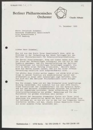 Brief an Christoph Schmökel an Deutsche Grammophon-Gesellschaft, 14.12.1995