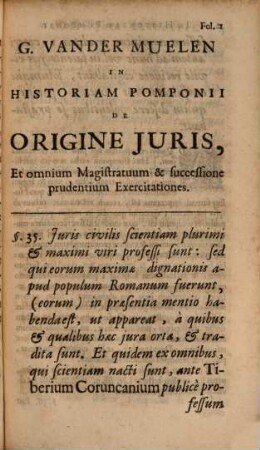 In Historiam Pomponii de Origine Juris, Et omnium Magistratuum & successione prudentium, Exercitationes. 3