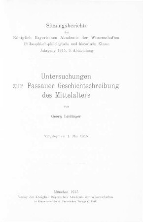 Untersuchungen zur Passauer Geschichtschreibung des Mittelalters