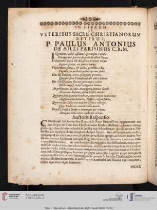 In Librum de veteribus sacris christianorum ritibus, P. Paulus Antonius de Aeilli parisinus c.r.m.