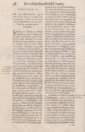 Capitulo V. De la embaxada que embiò à Taycosama el governador de Filipinas, sobre lo executado con los Espanoles de la Nao San Felipe, y martyrio de las religiosos