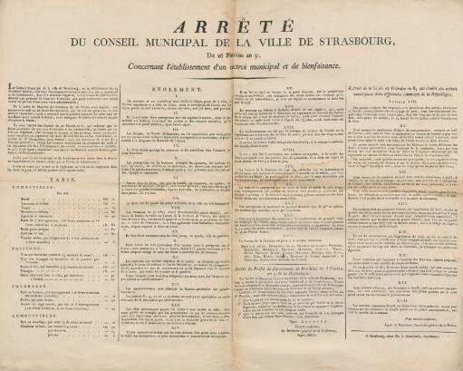 Arrêté du conseil municipal de la ville de Strasbourg, du 26 Pluviôse an 9, concernant l'établissment d'un octroi municipal et de bienfaisance