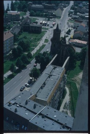 Prenzlau, Marienkirche,Prenzlau, Mitteltorturm,Prenzlau, Heiliggeistkapelle : Blick von Marienkirche auf Heiliggeistkapelle und Mitteltorturm