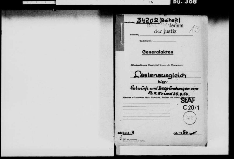 Entwurf (13. August 1950) eines Bundesgesetzes über einen allgemeinen Lastenausgleich und Stellungnahme zu den Anregungen des "Unkeler Kreises" (25. August 1950)
