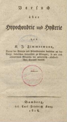Versuch über Hypochondrie und Hysterie