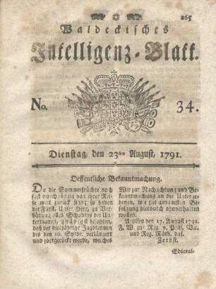 No. 34, Dienstag, den 23ten August, 1791