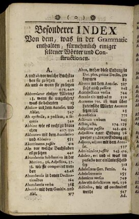 Besonderer Index Von dem, was in der Grammatic enthalten, ...