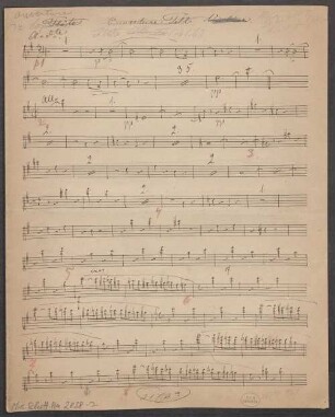 Guillaume Tell, fl, pf, Excerpts, Arr - BSB Mus.Schott.Ha 2838-2 : [heading with pencil:] Ouverture // de lopera // [with ink and crossed out with pencil: Flöte. Ouverture Tell. Violine.] // [with pencil:] Flûte [crossed out: Flauto] (ad lib:)