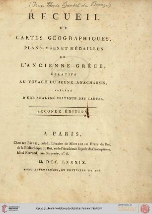 Recueil de cartes geographiques, plans, vues et medailles de l'ancienne Grece