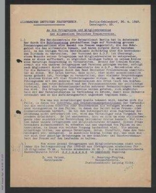 Rundschreiben von Dorothee von Velsen und Gertrud Dumstrey-Freytag an die Ortsgruppen und Mitgliedsvereine des ADF