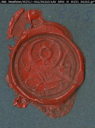 Siegler: Warendorf, Scherenschleifer-Zunft Überlieferungsart: Abdruck. Stoff: Lack Farbe: rot Form: rund. Durchmesser: 30 mm