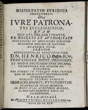 Dissertatio Iuridica Inauguralis. De Iure Patronatus Ecclesiastico