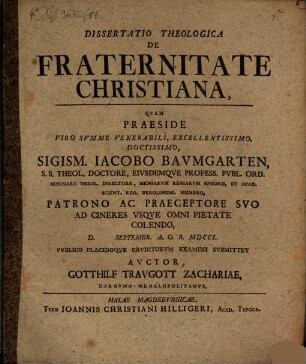 Dissertatio Theologica De Fraternitate Christiana