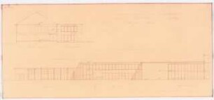 Staatliches Mädchengymnasium, Mönchengladbach: Schulgebäude, Aula und Turnhalle: Ansicht, Querschnitt 1:100