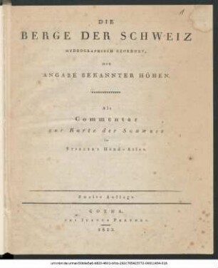Die Berge der Schweiz : Hydrographisch geordnet, mit Angabe bekannter Höhen ; Als Commentar zur Karte der Schweiz in Stieler's Hand-Atlas