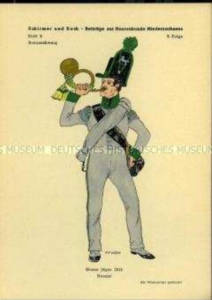 Uniformdarstellung, Hornist des Jäger-Regiments, Herzogtum Braunschweig, 1815.