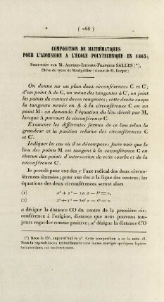 Composition de mathématiques pour l'admission a l'École Polytechnique en 1863.
