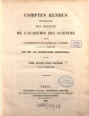 Comptes rendus hebdomadaires des séances de l'Académie des Sciences. 87, 87. 1878