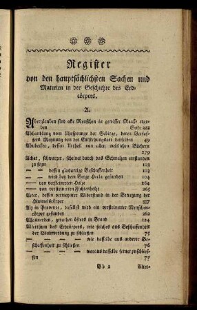 Register von den hauptsächlichen Sachen und Materien in der Geschichte des Erdcörpers.