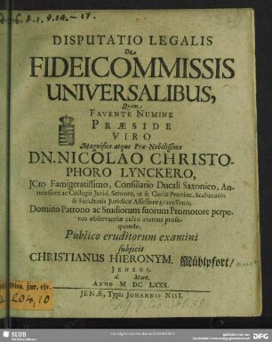 Disputatio Legalis De Fideicommissis Universalibus
