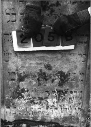 Grabstein 205 (Index: 100115012) Material: Sandstein Zustand: sehr star verwittert mit sehr großem Textverlust Maße HxBxT: 138x58x10 cm Beschreibung: Stele mit Hufeisenbogen: Grabstein 205B