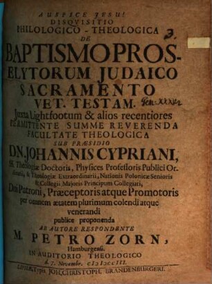 Disqvisitio Philologico-Theologica De Baptismo Proselytorum Judaico Sacramento Vet. Testam.