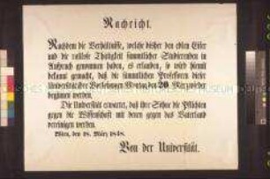 Maueranschlag: Ankündigung der Universität Wien zur Wiederaufnahme der Vorlesungen; Wien, 18. März 1848