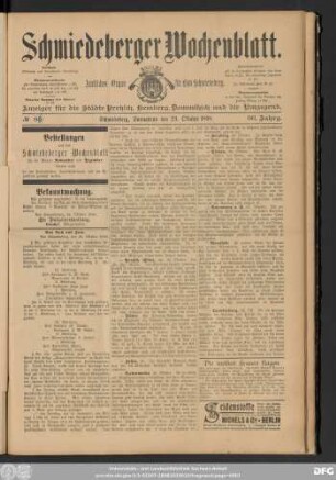 Schmiedeberger Wochenblatt, No 85 [86] Schmiedeberg, Sonnabend den 29. Oktober 1898