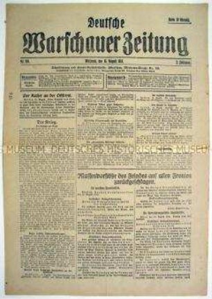 Tageszeitung "Deutsche Warschauer Zeitung" mit Meldungen und Berichten zum Kriegsgeschehen an verschiedenen Fronten