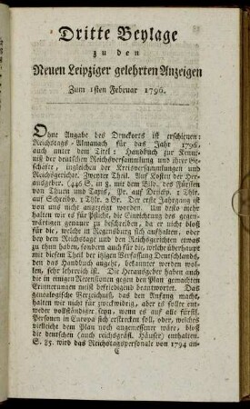Dritte Beylage zu den Leipziger gelehrten Anzeigen - Zum 1sten Februar 1796.