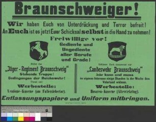 Werbeplakat für den Eintritt in das "Jäger-Regiment Braunschweig" und in die "Landeswehr Braunschweig"