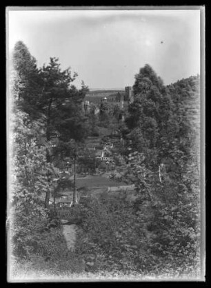 Blick (aus Richtung Schießhausweg) durch Bäume zur Burg Wertheim