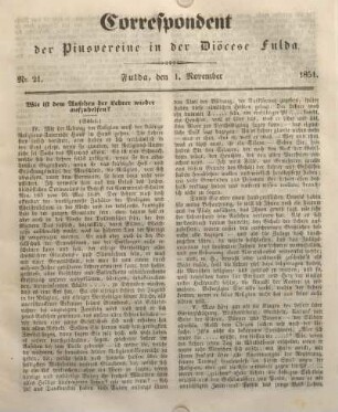 Nr. 21. Fulda, den 1. November 1851.
