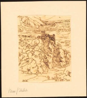 Burgruine, Meran: Durchzeichnung: Perspektivische Ansicht einer Ruine und Umgebung Burg Brunnenburg?), nach Illustrirte Zeitung, 1872, S. 284